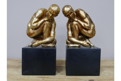 Pair Gold Bookends Thinking Crouching Naked Man Book Holders Ornament Figurine 