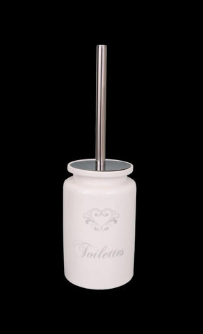 Bathroom Toilet Cleaning Brush and Holder Set White Ceramic and Silver Metal