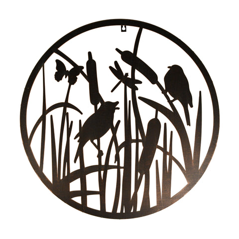 Rustic Round Steel Wildlife Scene Birds Butterfly Bullrush Wall Art Plaque 60cm