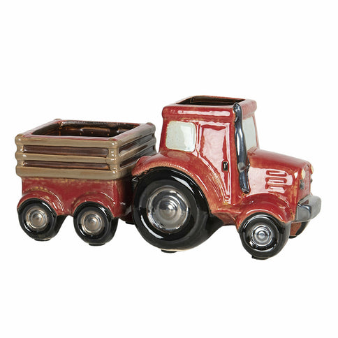 Tractor & Trailer Planter Set Flower Plant Pot Red Glazed Ceramic Ornament Decor