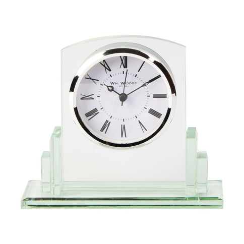 Contemporary Square Glass Napoleon Mantel Table Clock Silver Bezel Quartz 14cm