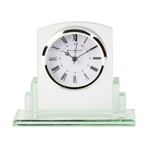 Contemporary Square Glass Napoleon Mantel Table Clock Silver Bezel Quartz 14cm