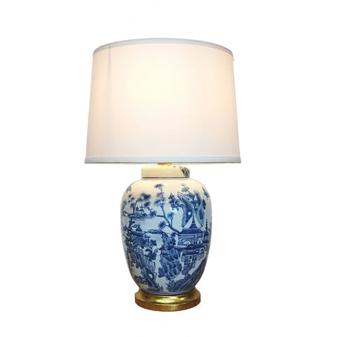 Oriental Chinese Ceramic Table Lamp Blue Pagoda Buddhist Landscape Light 61cm