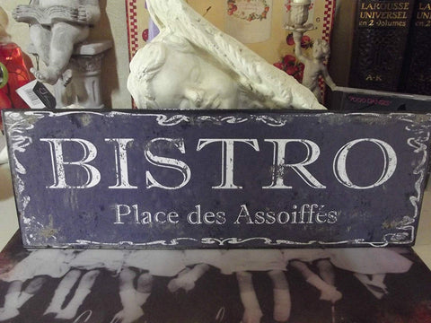 Blue Shabby Chic Style Bistro Place Des Assoiffes Metal Wall Sign Plaque 40cm