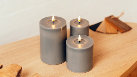 Luxury LED Wax Pillar Church Candle Grey 10x10cm Realistic 3D Flickering Flame Home Wedding Gift