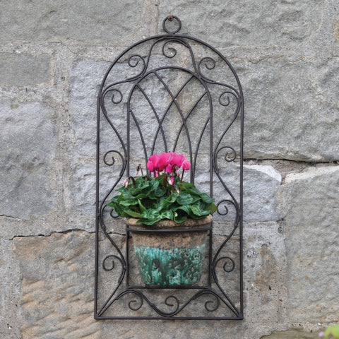 Vintage Style Wall Mounted Gothic Arch Garden Pot Planter Brown Metal Distressed