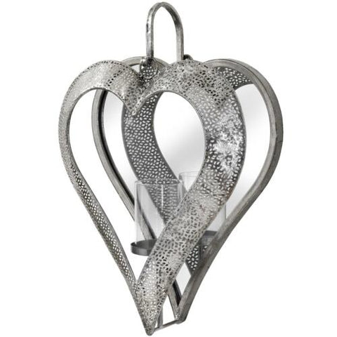 Wall Mounted Mirrored Heart Candle Tealight Holder Silver Metal Sconce 48cm