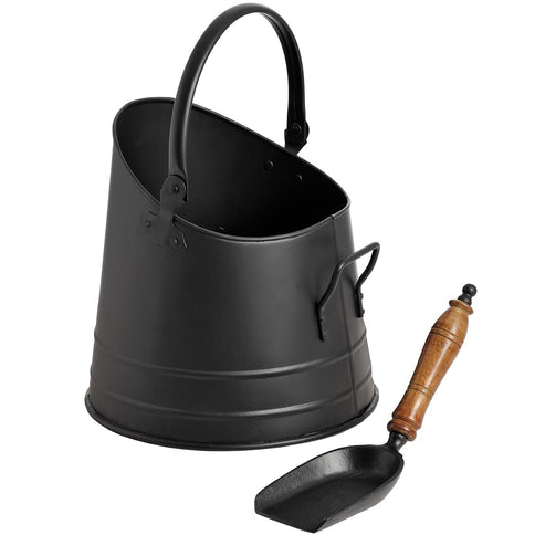 Black Steel Coal Scuttle Hod Bucket Fireside Fuel Ash Log Wood Holder & Shovel