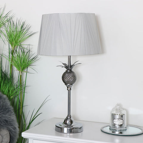 Silver Pineapple Table Lamp Polished Metal Bedside Light Pale Grey Shade 55cm