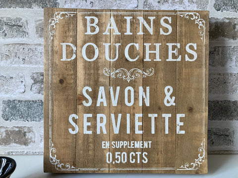 Wooden Bathroom Wall Sign Plaque French Bains Douches Rustic Plank Style Brown