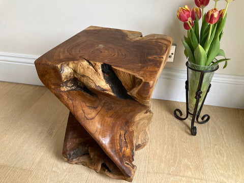 Square Teak Root Table Hand Carved Solid Wood Stool End Side Lamp Table Abstract