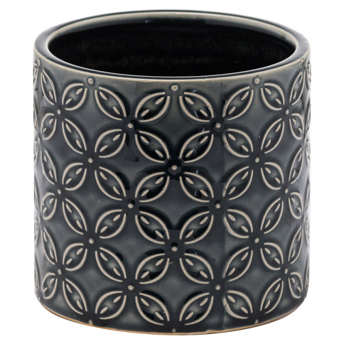 Dark Grey Plant Pot Glazed Ceramic Round Geometric Indoor Flower Herb Planter 13x13cm