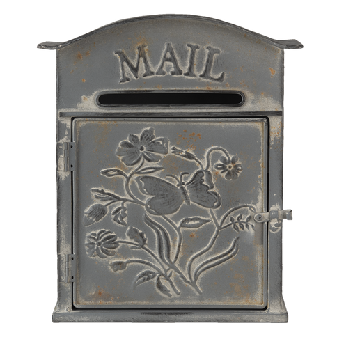 Vintage Style Distressed Grey Taupe French Mail Letter Post Box Butterfly Floral