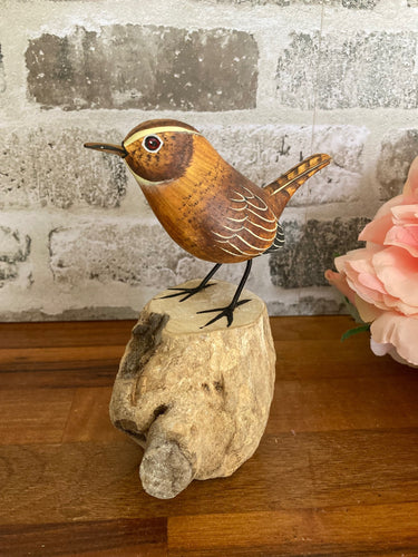 Wren Ornament British Bird Figurine Hand Painted Carved Wood Wooden Log Statue