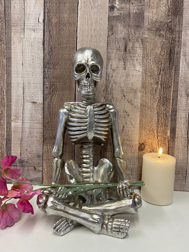 Yoga Skeleton Figurine Ornament Silver Medidating Bones Hallowean Gothic Statue