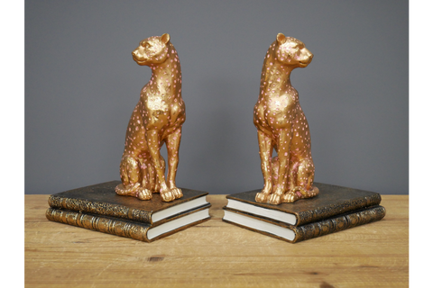 Pair Of Gold Coloured Egyptian Style Pink Spotted Leopard / Cheetah Book Ends