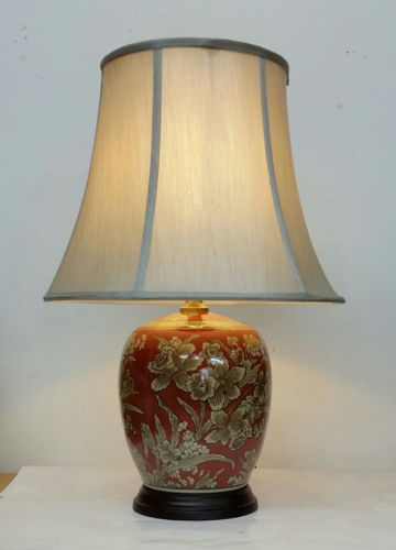 Oriental Chinese Ceramic Table Lamp Red Gold Daffodil with Cream Shade 52cm