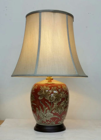 Oriental Chinese Ceramic Table Lamp Red Gold Daffodil with Cream Shade 52cm 