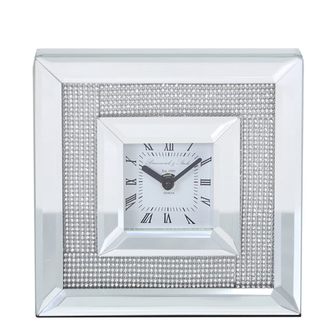 Square Silver Mirror Glass Diamante Jewel Gem Mantel Table Desk Clock 20cm