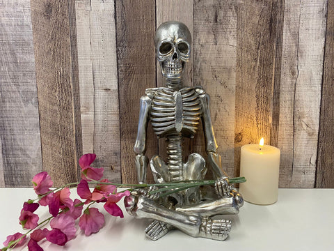 Yoga Skeleton Figurine Ornament Silver Medidating Bones Hallowean Gothic Statue