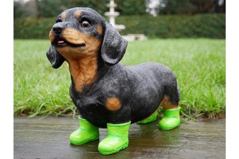 Sausage Dog Dachshund Garden Indoor Outdoor Figurine Realistic Ornament Statue Green Boots