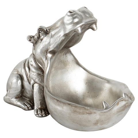Silver sitting hippo with big open mouth dish.  Antique silver colour.