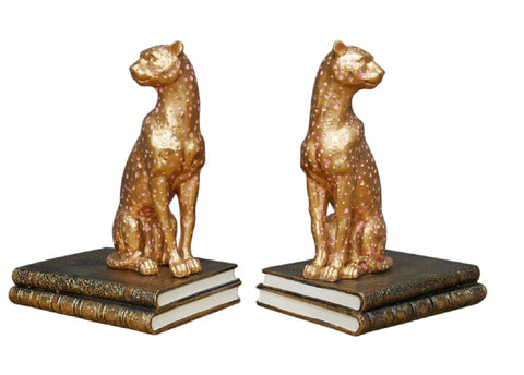 Pair Of Gold Coloured Egyptian Style Pink Spotted Leopard / Cheetah Book Ends