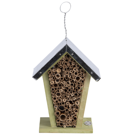 Wooden Solitary Bee Bug House Hive Hotel Zinc Roof FSC Cert Wood Bamboo 20cm