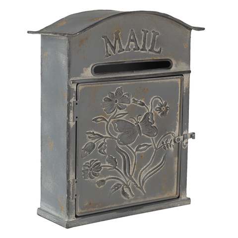 Vintage Style Distressed Grey Taupe French Mail Letter Post Box Butterfly Floral