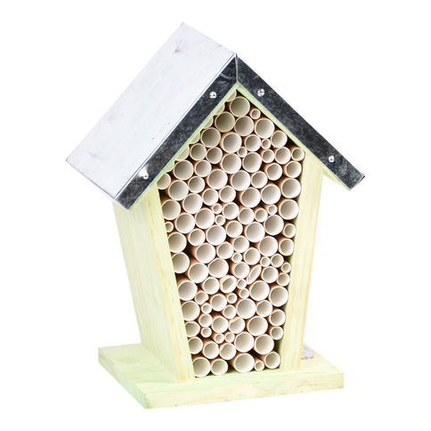 Wooden Solitary Bee Bug House Hive Hotel Zinc Roof FSC Cert Pine Wood Paper Tube 22cm