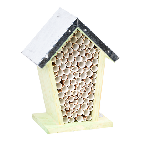 Wooden Solitary Bee Bug House Hive Hotel Zinc Roof FSC Cert Pine Wood Paper Tube 22cm