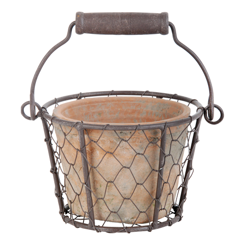 Aged Terracotta Pot with Wire Basket Hanging Standing Garden Planter Pottery