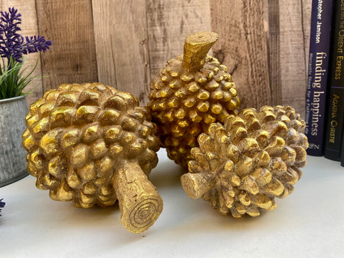 Gold Pine Fir Cone Ornament Christmas Decoration Autum Table Decor - Set of 3