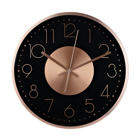 Round Wall Clock Rose Gold Copper Effect Modern Black Face Metal 30.5cm Decor