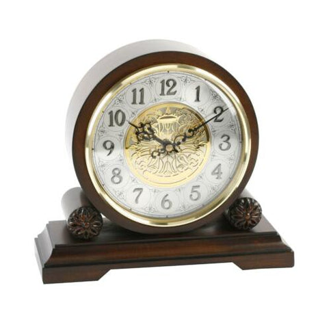 Walnut Effect Barrel Shaped Mantel Desk Table Clock w Westminister Chimes