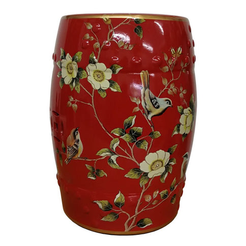 Red Oriental Chinese Ceramic Porcelain Stool Side Table Plant Stand Floral 45cm