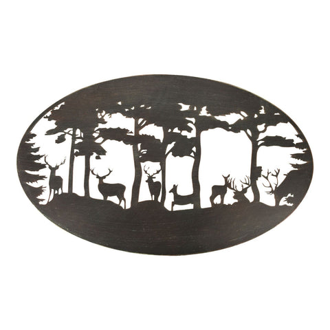 Large Rustic Oval Oblong Steel Woodland Stag Scene Wall Art Screen 90cm Brown