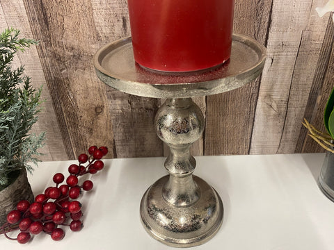 Pillar Candle Stick Holder Silver Metal Distressed Table Decor 25cm Wedding 