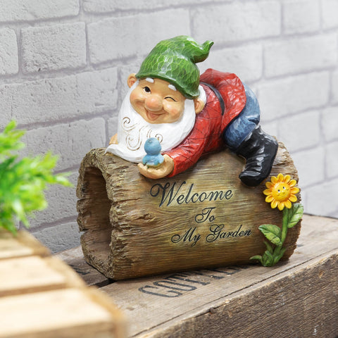 Quirky Gnome on Welcome To My Garden Log Sign Ornament Outdoor Statue 25cm