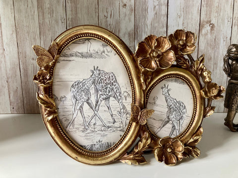 Gold Photo Frame Double Picture Oval Aperture Butterfly Floral Vintage Style 