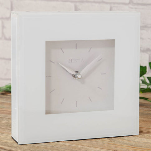 21cm White Square Glass Mantle Desk Clock Contemporary Design