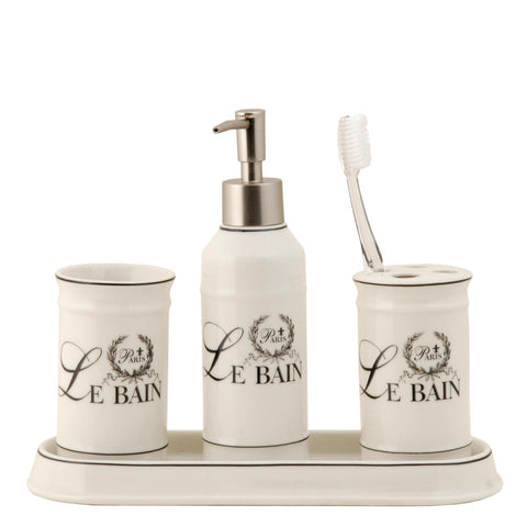 4 Pc Bathroom Set Ivory Ceramic Lotion/Soap Dispenser Toothbrush Holder Tumbler