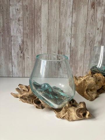 Molten Glass Bowl on Gamal Root Wood Base Stand Ornament Rustic Vase Trinket Jar BM831
