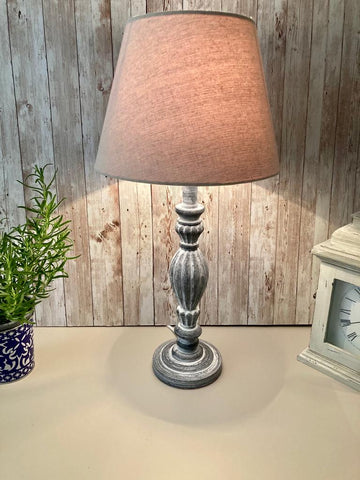 Grey Wooden Table Lamp White Washed Bedside Light Oatmeal Beige Linen Shade 40cm