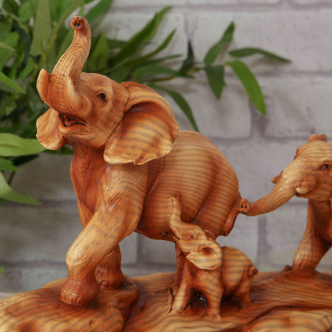 African Elephant Family Faux Carved Wood Effect Figurine Statue Ornament