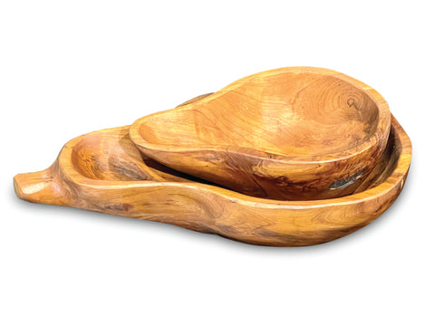 2 x Pear Shaped Rustic Reclaimed Wood Teak Fruit Bonbon Bowl Dish Wooden Holder 