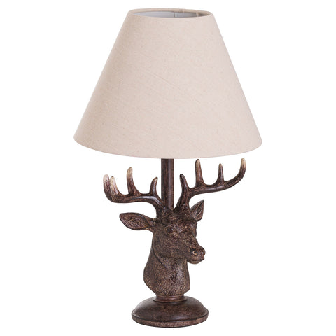 Rustic Deer Stag Head Antler Design Brown Table Lamp & Natural Linen Shade 48cm