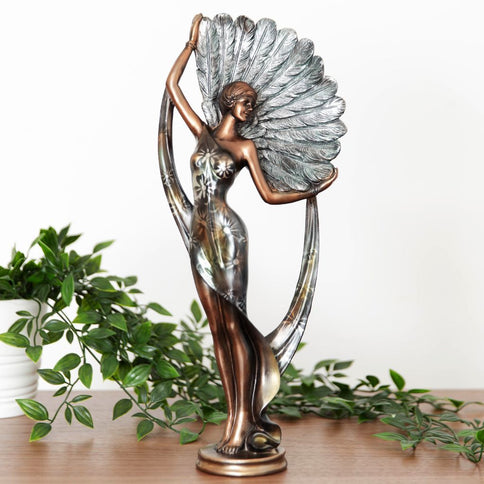 Tall Art Deco Lady Woman Figurine Ornament Statue Bronze Silver Feather Fan 38cm - 505F