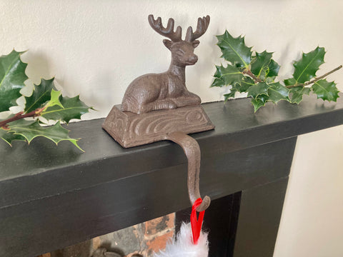 Cast Iron Xmas Christmas Stocking Hanger Fireplace Hook Stag Reindeer Holder 