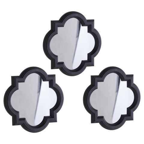 Abstract Wall Mirror Quatrefoil Moroccan Style Black Finish Wood Glass Set of 3